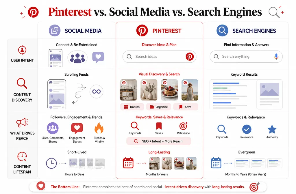 Pinterest vs social media vs search engines comparison showing differences in discovery, reach, content lifespan, and user intent.