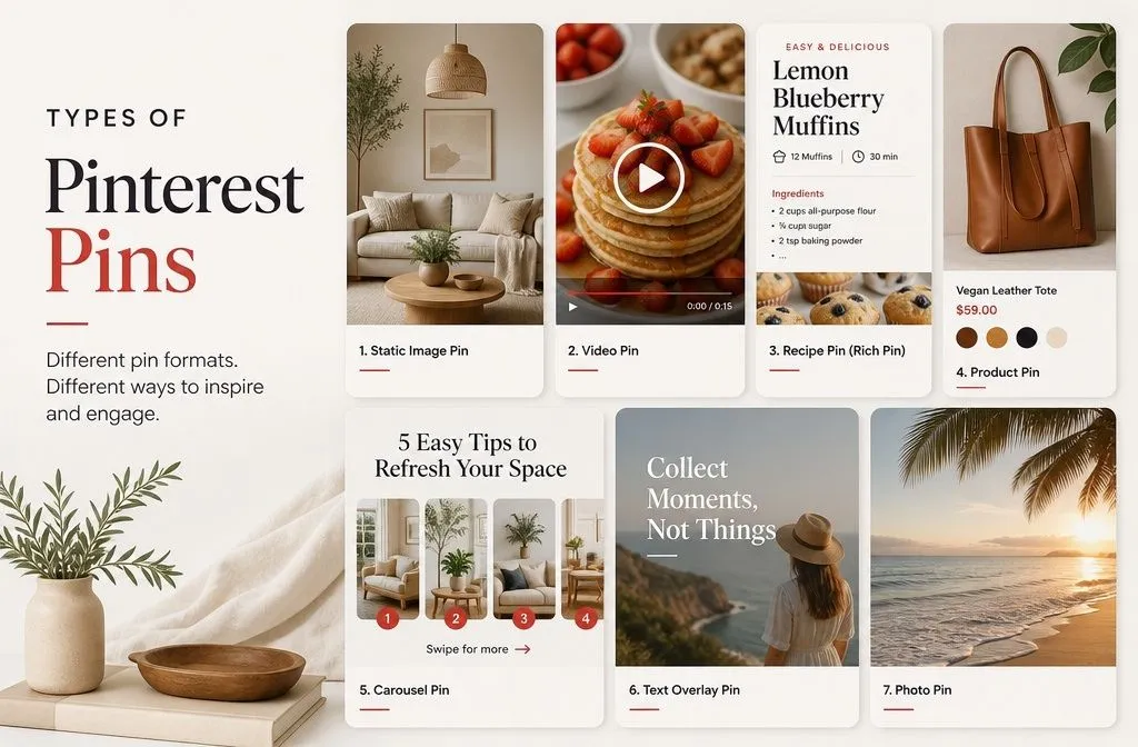 Types of Pinterest pins including image, video, rich, product, and carousel pins