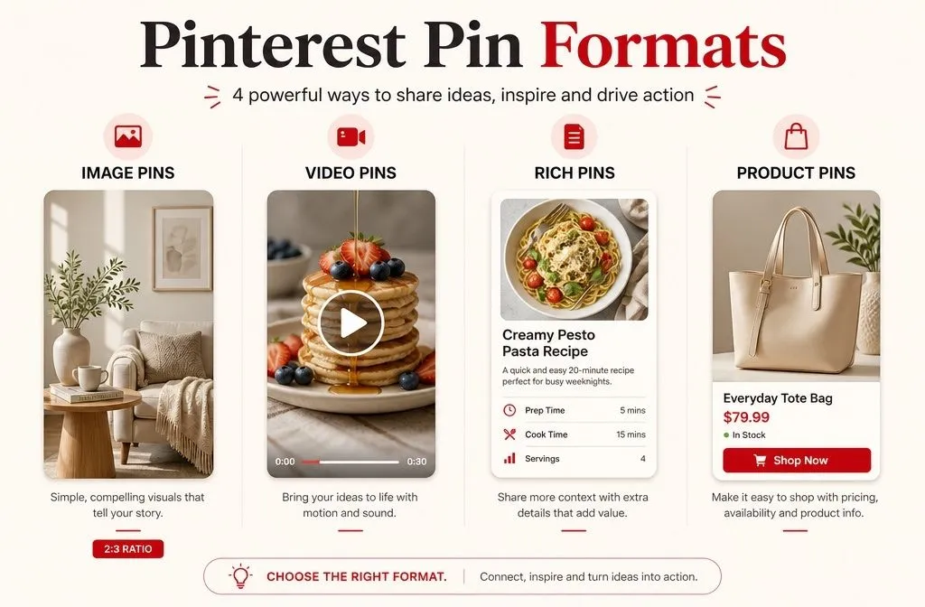 Four types of Pinterest pins: image pins, video pins, rich pins, and product pins