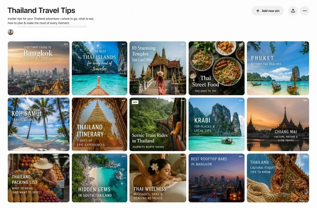 Example of a well-seeded Pinterest board focused on Thailand travel tips