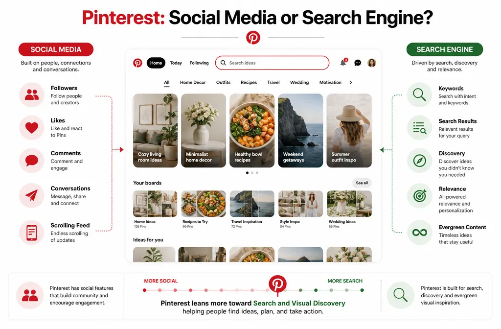 What is Pinterest and how does it work as a visual search engine compared with social media?