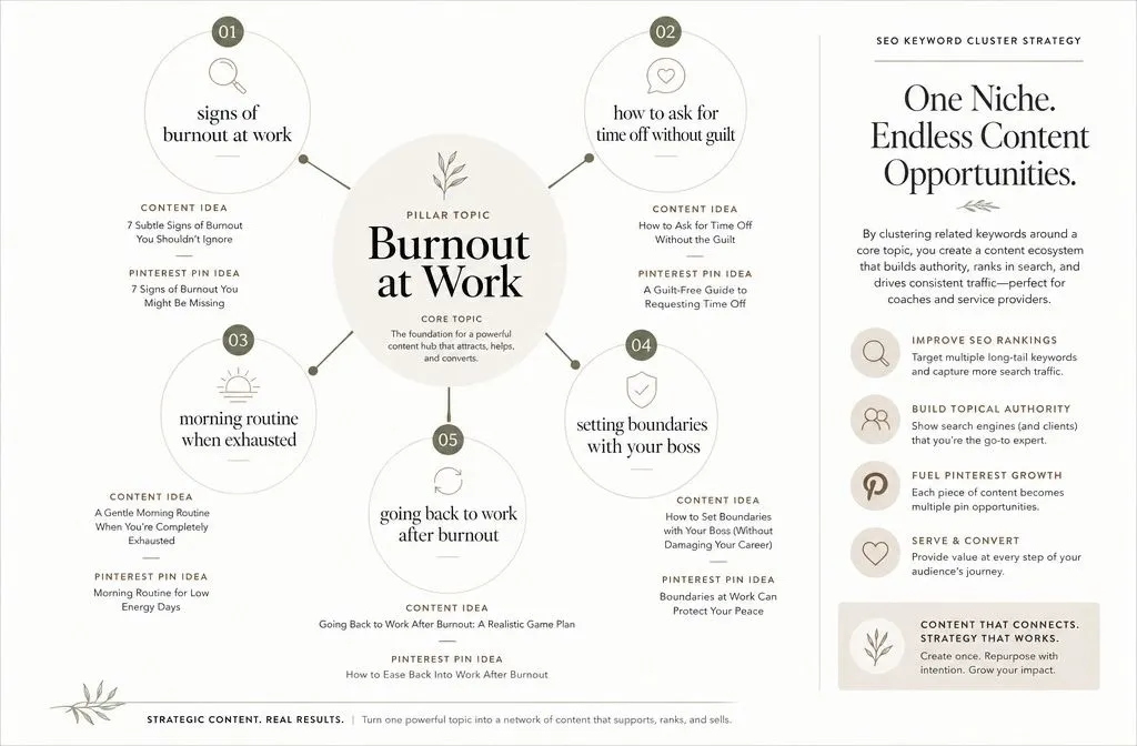 Pinterest keyword cluster for coaches showing related burnout and workplace content topics