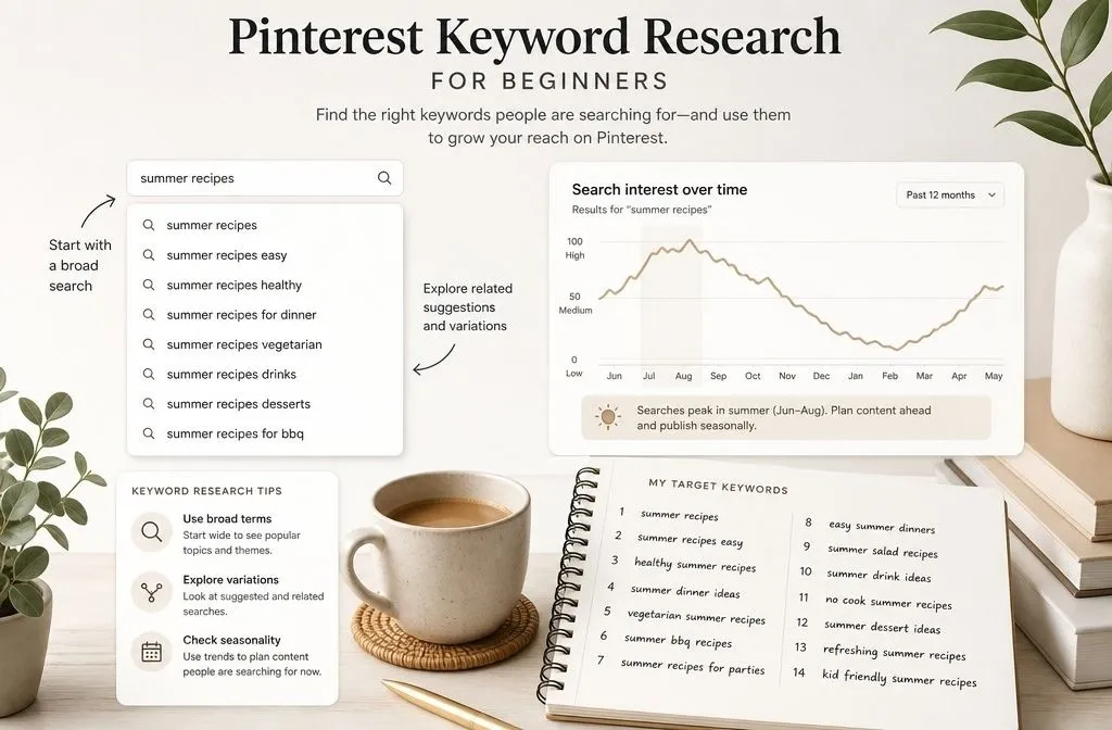 Pinterest keyword research showing search suggestions, trends, and target keywords