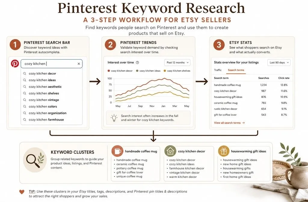 Pinterest keyword research workflow for Etsy shops using search and trends