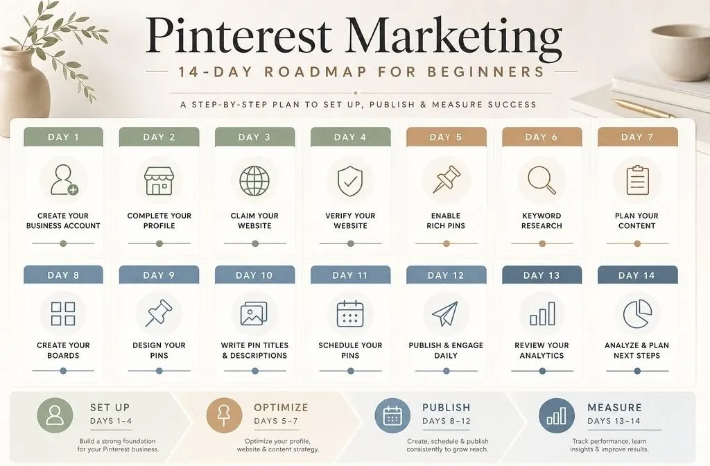 Pinterest marketing for beginners two-week roadmap from account setup to scheduling and analytics