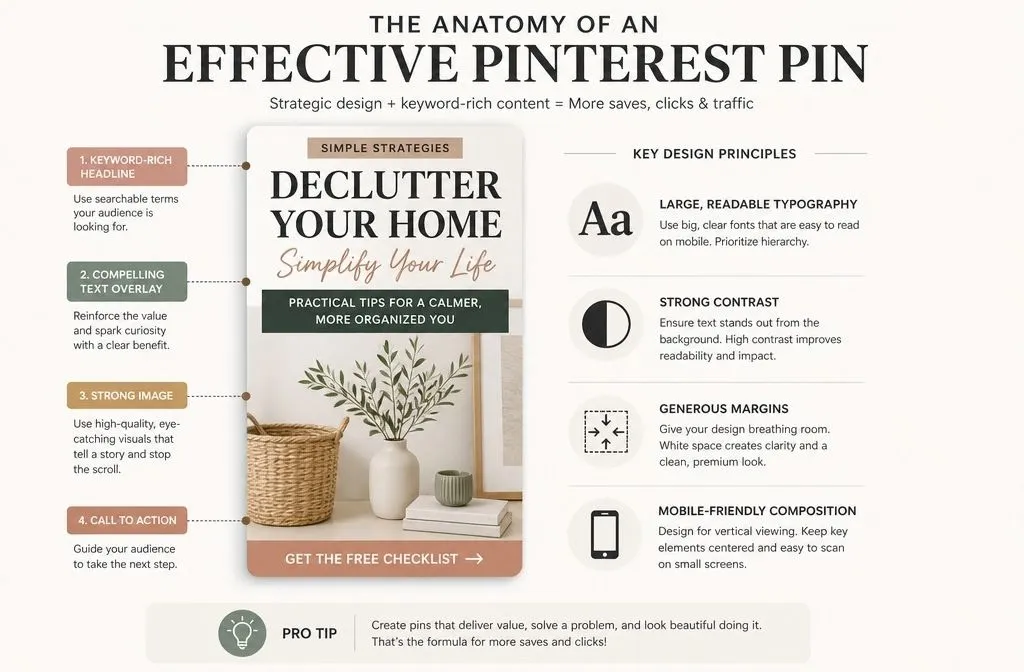 Pinterest pin design showing the 2:3 ratio, keyword text overlay, and mobile-friendly layout