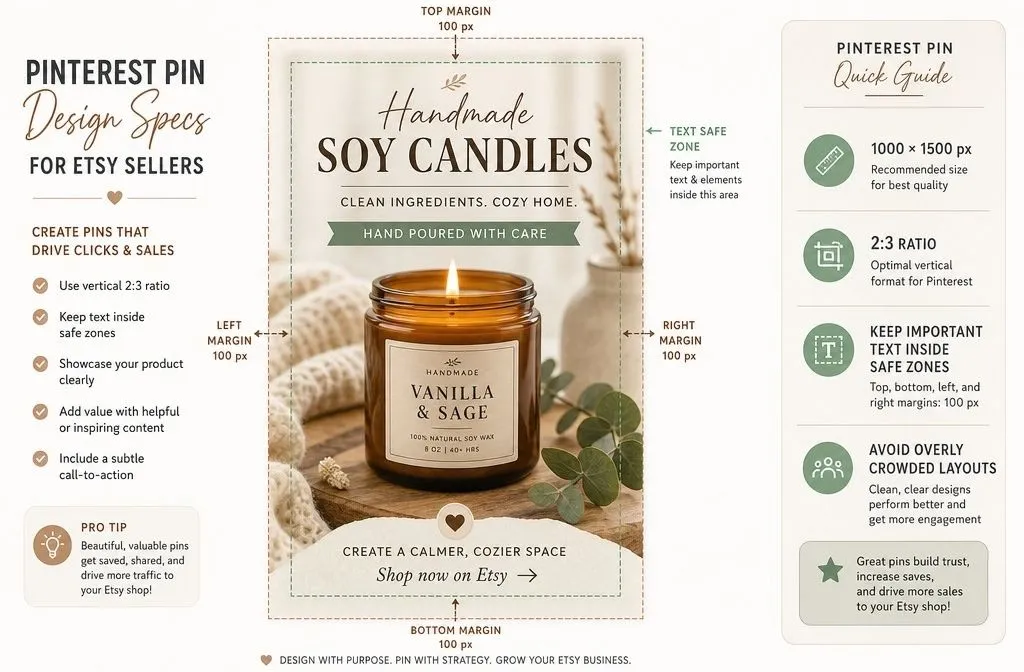 Pinterest pin design showing 2 to 3 ratio and safe zones for Etsy products