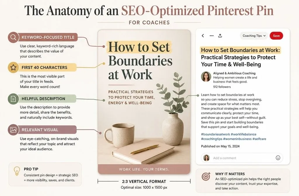 SEO-optimized Pinterest pin anatomy showing keyword-focused title and description for coaches