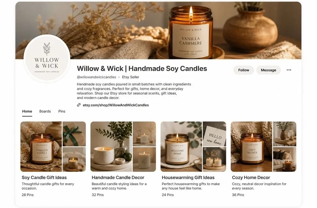 Pinterest profile and board SEO setup for an Etsy shop