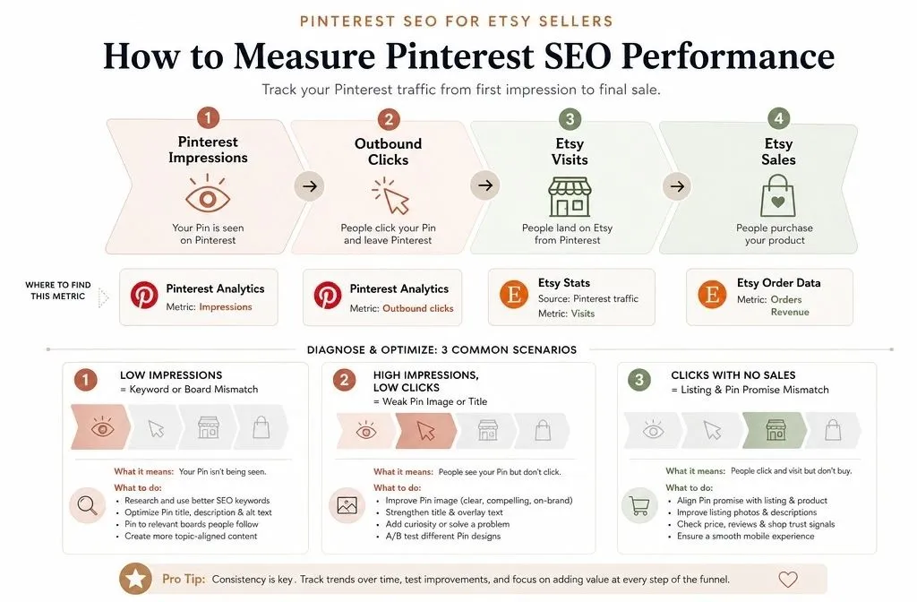Pinterest SEO analytics funnel from impressions and clicks to Etsy sales