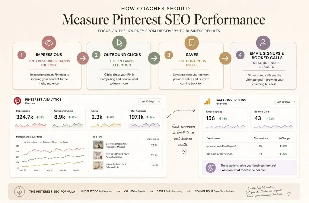 Pinterest SEO analytics for coaches showing impressions, outbound clicks, saves, email signups, and booked calls
