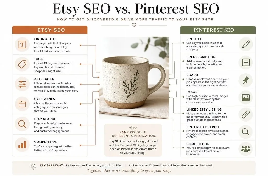 Comparison of Pinterest SEO and Etsy SEO for Etsy shops
